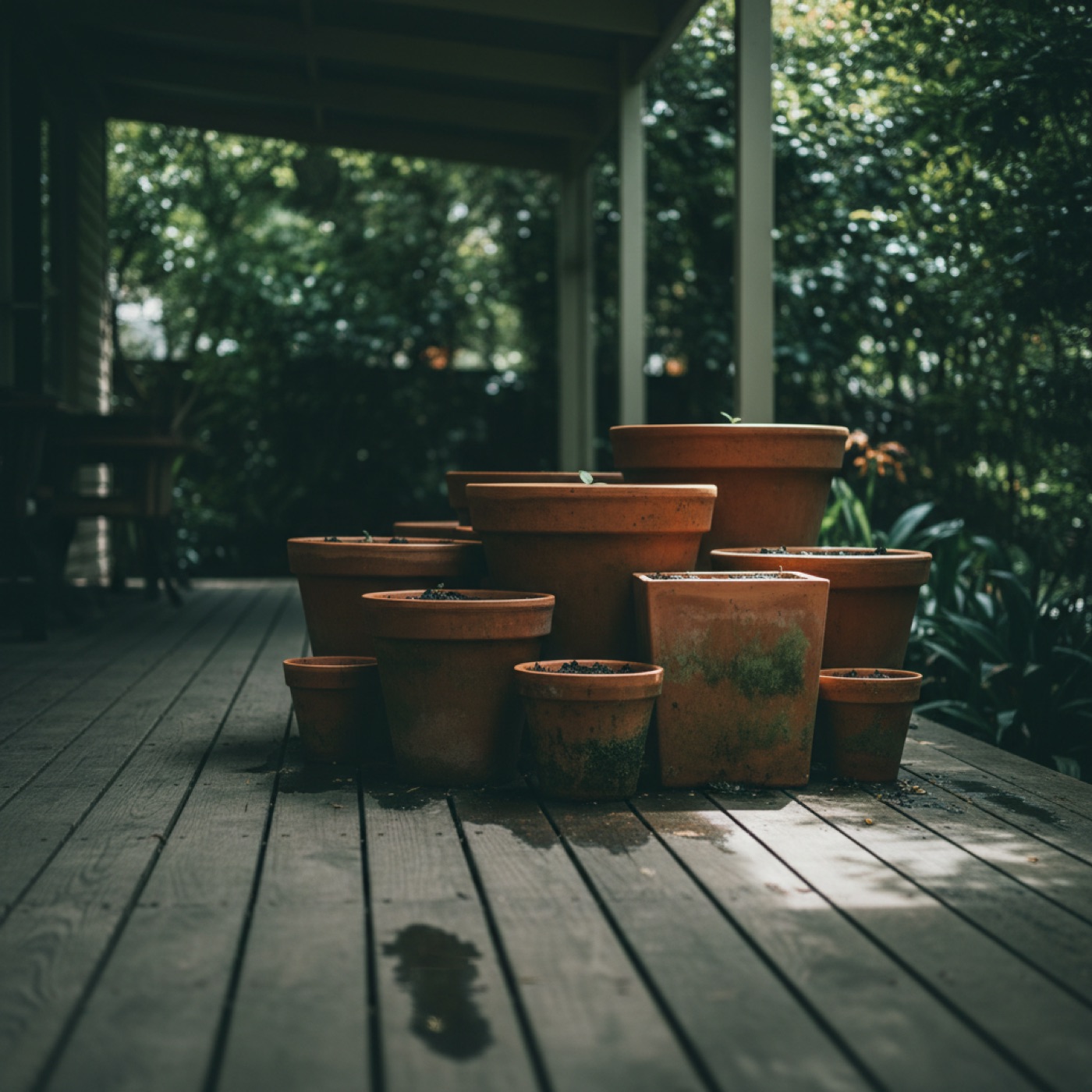 Unsealed terracotta pots and a zinc watering can on a weathered verandah step